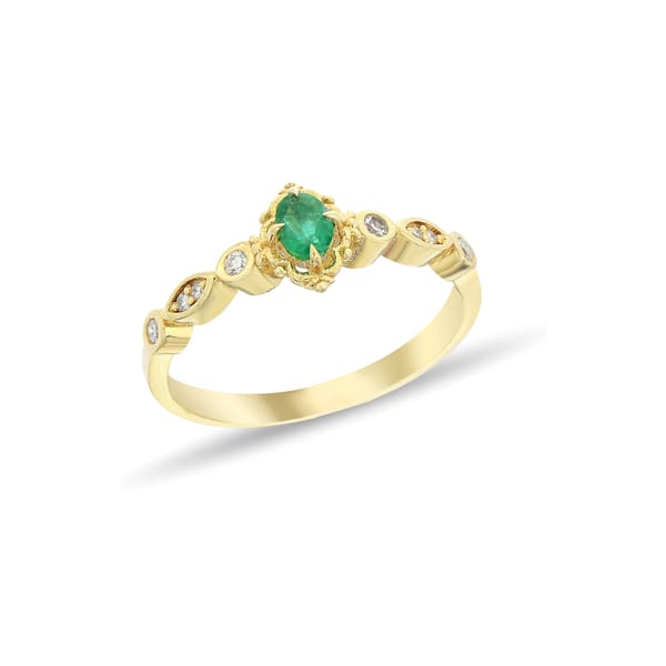 0,08 Karat Pırlantalı Zümrüt Taşlı Vintage Yüzük