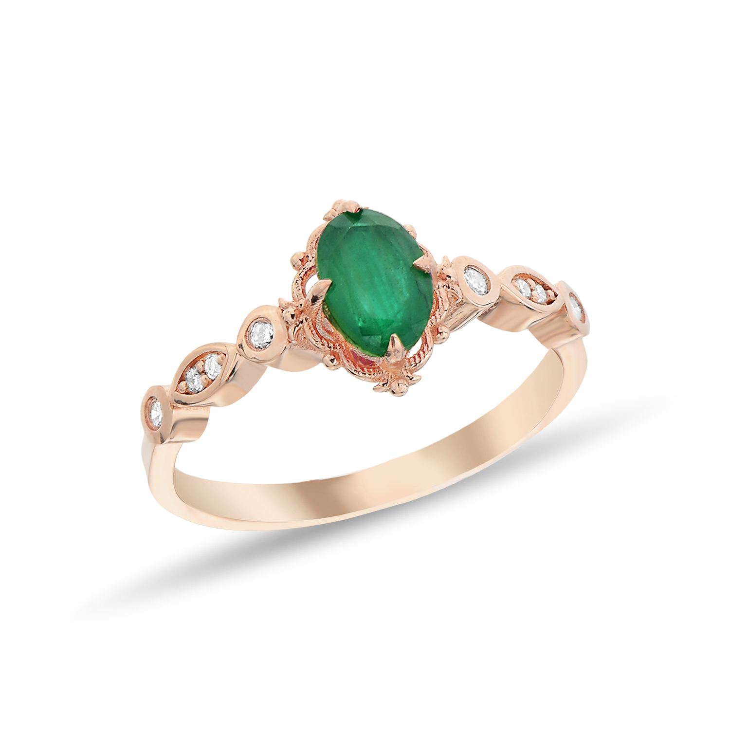0,08 Karat Pırlantalı Zümrüt Taşlı Vintage Yüzük